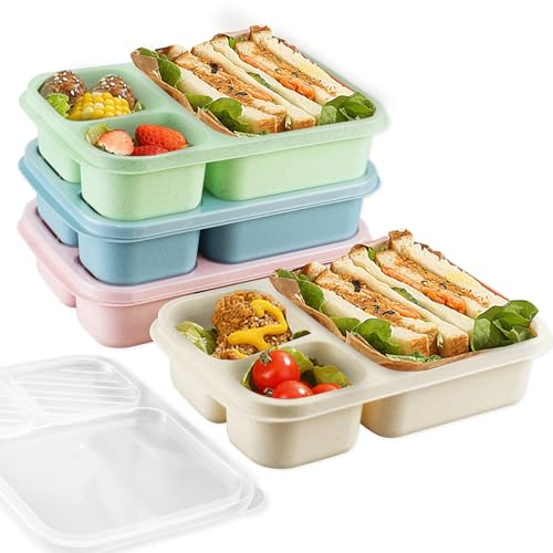 Toivize 4 Pack Bento Lunch Box, Snack Box with 3 Compartments Reusable Food Storage Containers with Lid Microwave Dishwasher Safe for School Work Travel (Pink/Beige/Green/Blue)