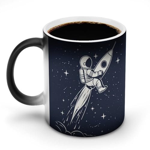Farbwechselnde Tassen mit Weltraumraketen-Flug-Aufdruck, wärmewechselnde Tasse, Verfärbungstasse, wärmeempfindliche Keramik-Kaffeetasse. Geben Sie Kaffee oder Tee hinein und eine fröhliche kleine Szen