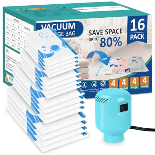 SZO Vacuum Storage Bags for Clothes with Electric Pump, 16-Pack(4 Jumbo, 4 Large, 4 Medium, 4 Small), Vacuum Bags for Duvets, Mattresses, Blankets, Pillows, Bedding, Travel, Moving, Space Saver