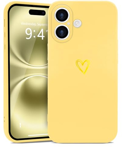 Wirvyuer for iPhone 16 Plus Cute Heart Case for Women, Yellow | Skin-feel Soft Silicone, Love-Heart Pattern Design Phone Case, Shockproof Protective Slim TPU Bumper Cover for Girls