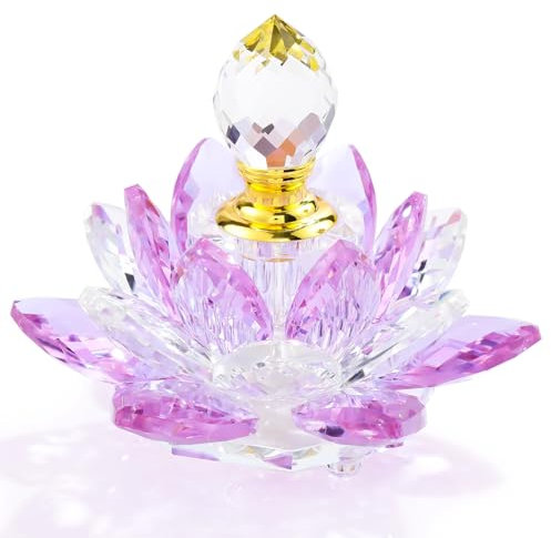 YWHL Small Purple Crystal Lotus Perfume Bottles, Vintage Glass Refillable Perfume Bottle Decor, Handmade Lotus Flower Figurines Gifts for Women (3ml)