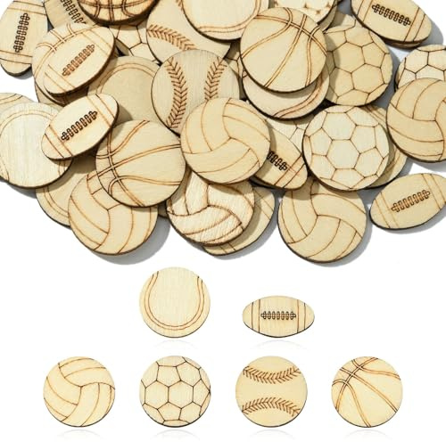 KitBeads 50 Stück zufällige Sport-Holzausschnitte, unlackiert, runde Kugelausschnitte, Holz, Rugby, Volleyball, Fußball, Ausschnitte für DIY, Basteln, Malen, Heimdekoration
