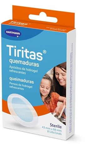 Tiritas Verbrennungen – Kühlende Hydrogel-Kompressen mit 60% Wasser – sofortige Linderung und Heilung von leichten Verletzungen – steril, mit transparenter Folie, 8 Stück (43 x 68 mm)
