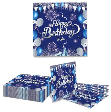 GlamRays 20 Stück Happy Birthday Servietten Blau und Silber Thema Einweg Papier Servietten für Dinner Picknick Cocktail Geburtstags Party Bedarf Dekorationen für Männer Frauen