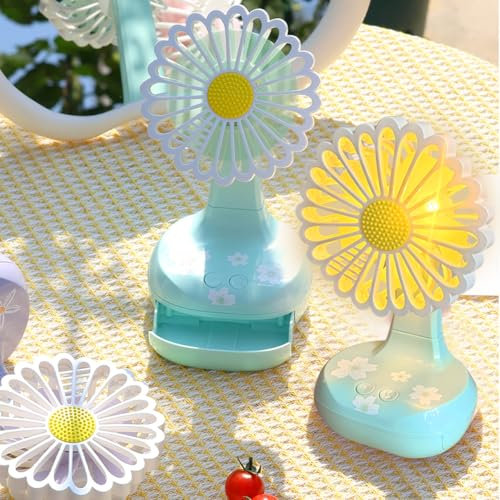 YZYOE Mini Charging Fan with LED Light, Cute Green Chrysanthemum Shaped Small Fan, 3-mode Multifunctional with Storage Box and Stand.