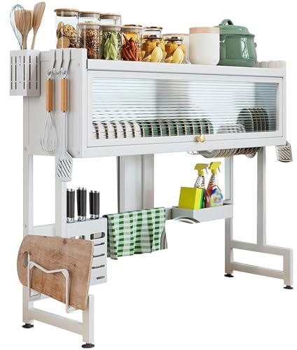 Dish Drainer Rack, Over the Sink Drying Rack Large Capacity Space-Saving Carbon Steel Dish Dryer Rack with Cover for Plate Utensil on Kitchen Countertop, White