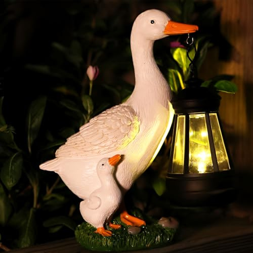 Tuzsocr Solar Ente Gartenstatuen, Entenstatue mit LED Solar Laterne, Wetterfest Weiße Gans Außen Deko, Ente Figuren für Hof Haus Garten Terrasse Teich Rasen, Geschenke für Männer Frauen Mama Ehefrau