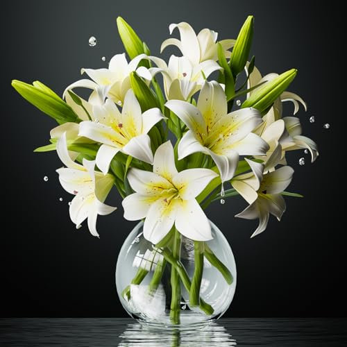 DBCMEW 6PCS White Artificial Lilies Set, Short Stem Artificial Flowers with 12 Heads Fully Bloomed Lilies and 6 Buds for Wedding Home Office Decoration
