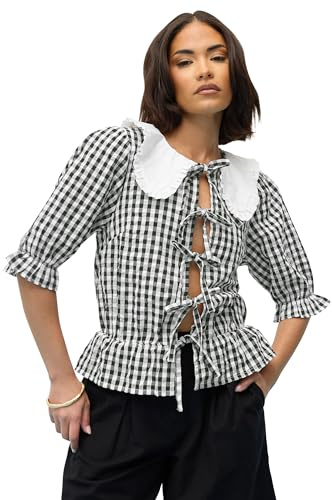 PixieGirl Petite Black Gingham Tie Front Collar Cotton Peplum Top Petite
