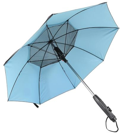 Portable Mist Fan Umbrella with Sun Protection and Fan Cooling, UPF 50+ Sunshade for Beach Sports, Compatible with Water Bottles, Battery Operated (Outer Black Inner Blue)