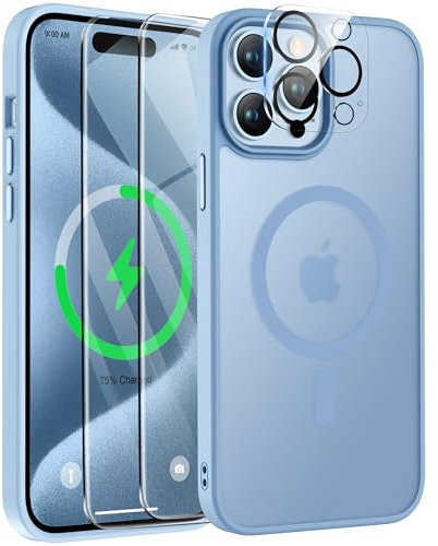 ORETECH Magnetic for iPhone 15 Pro Case, Matt Back Sierra Blue | Compatible with Magsafe, 2 Pack Screen Protector 1 Camera Protector, Anti Yellowing Ultra Thin Military Grade Shockproof