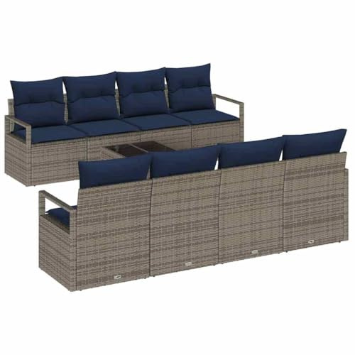 vidaXL Sofa Set mit Kissen 7 pcs Grau und Blau Poly Rattan, Garten- und Terrassensofa-Set, modern, langlebig, modular, leicht, UV-beständig, Bequeme, Coole Möbelkollektion