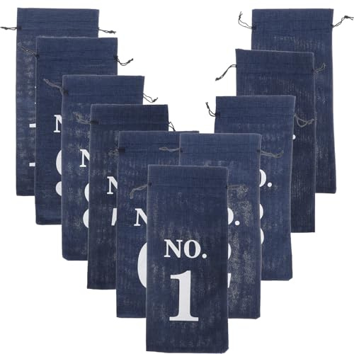 HOMSFOU 10pcs Natural Jute Wine Bottle Bags Drawstring Wine Packing Bags Reusable Decorative Bottle Holders for Party Wrapping and Storage in Navy Blue