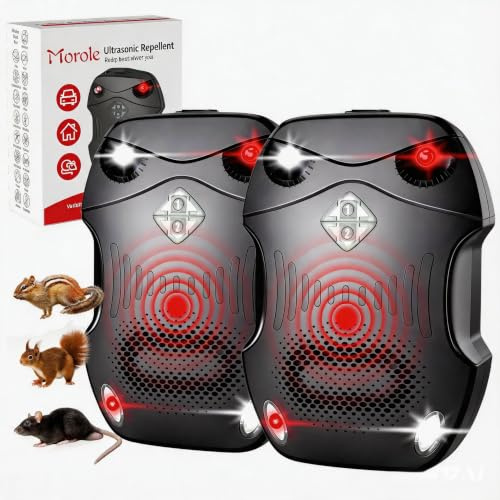 Morole Marderschreck Auto 50-80 ㎡ | 3-IN-1 Stromversorgung AA-Batteriebetrieben & Autobatterie & USB | mit Ultraschall & Blitzlicht | Marderabwehr Auto, Haus, Dachboden, Garten (2-Pack)