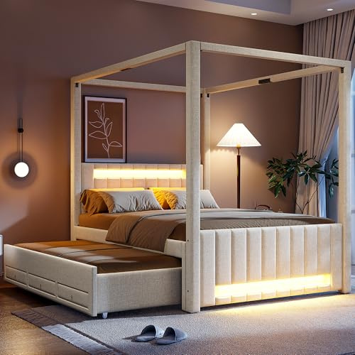 Sweiko Lit à baldaquin rembourré de 140 x 200 cm, Cadre de lit avec lit gigogne et Trois tiroirs, équipé d'un éclairage LED (Beige)