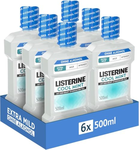 Listerine Cool Mint Extra Mild Senza alcool, collutorio antibatterico con oli essenziali, sapore extra delicato con menta e senza alcool, complemento ottimale per la cura orale quotidiana, 6 x 500 ml