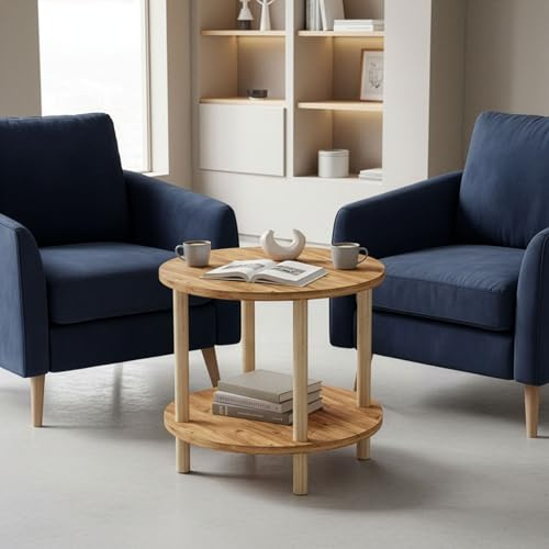 CARENZA HOME Beistelltisch Rund Eiche 2 Ablagen 42 cm Sofatisch Couchtisch