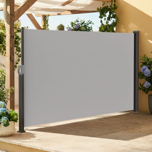 Soontrans Seitenmarkise Ausziehbar für Sitzende Sichtschutz Blickdicht auf dem Balkon & Terrasse, Sonnenschutz Windschutz mit Automatischer Rückrollfunktion & Griff & Wandhalterung (160 x 300 cm, Grau