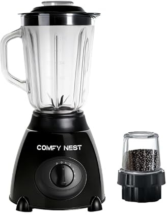 Comfy Nest Blender Mixeur en Verre 2-en-1 800 W, Noir | Blender 2-en-1, 800 W, bol verre 1,5 L, moulin 0,4 L, 5 vitesses + pulse, lames inox amovibles, broyeur à glace, noir