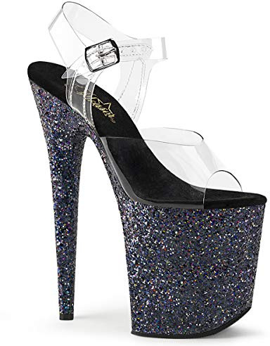 Pleaser FLAMINGO-808LG, Damen Offene Sandalen, Transparent (CLR/Blk Holo Glitter), 39 EU (6 UK)