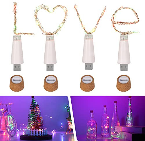 Wine Bottle Light, Umiwe Rechargeable USB Cork Light Fairy Led String Light Lamp for Bottle DIY Party Wedding Home Christmas Decor (4 Pcs, Multicolour)