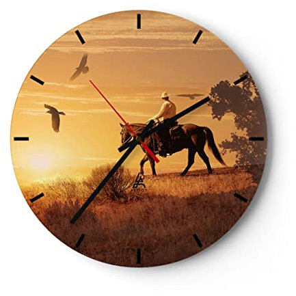 Modern Wanduhr Pferd Cowboy Bauernhof Reiten 30x30cm Rund Klein Wand Uhr Glas Analog Zimmeruhren Küche Büro Wohnzimmer Glasuhr Wall Clock Dekoration Design Wanddekoration Küchenuhr C3AR30x30-2955