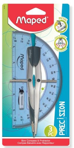 Maped 291049 - Compasso e goniometro in metallo, 3 pezzi