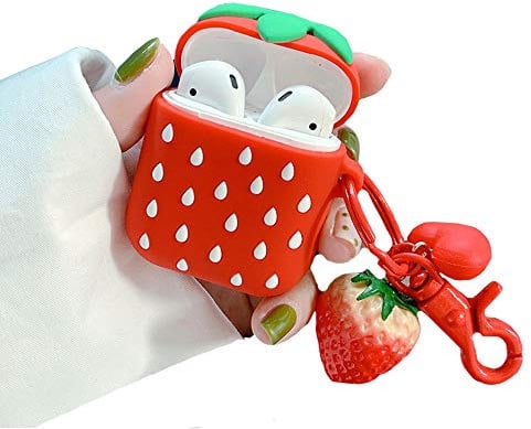 ICI-Rencontrer Super Creative Cute Fruit Strawberry Design Airpods Case Portable Solid AirPods Accessories Soft Silicone Waterproof Shockproof Protective Case with Hanging Decorations (Strawberry)