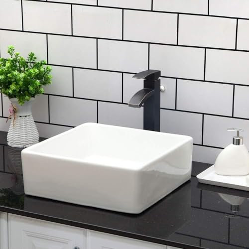 Kichae 15x15 Quadrato Bagno Vessel Sink Porcellana Ceramica Bianco Vanity Sink Sopra il Contatore Lavello Moderno per Armadio, Lavabo Lavandino, Lavabo Artistico, Lavabo Casa