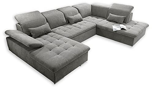 Stella Trading WAYNE Wohnlandschaft in U-Form, Stoffbezug Schlamm - Ausziehbares Sofa mit Schlaffunktion & Bettkasten - 340 x 81 (104) x 188 (240) cm (B/H/T)