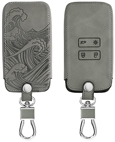 kwmobile Accessoire Clef de Voiture Compatible avec Renault Smart Key 4-Bouton (Keyless Go Uniquement) - Coque de Clé de Voiture en Nubuck - Vague Japonaise Gris