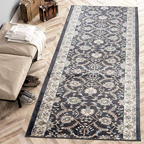 Carpeto Rugs Blumen Teppich Läufer Flur - Orientalisch Teppichläufer - Kurzflor, Weich - Flurläufer für Wohnzimmer, Schlafzimmer - Teppiche - Meterware - Anthrazit Schwarz 1-120 x 400 cm