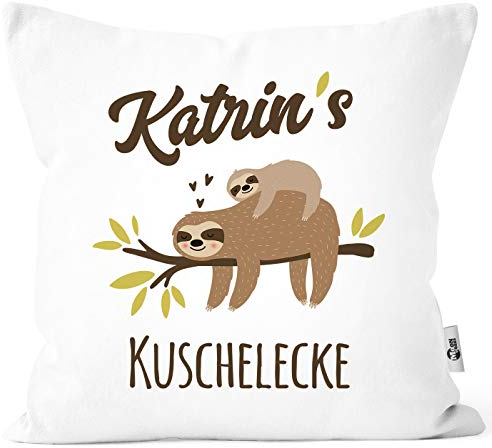 MoonWorks® Kissen-Bezug eigener Name Mama´s/Papa´s/Oma´s/Opas´s/Kuschelecke Faultier personalisierbare Weiss Unisize