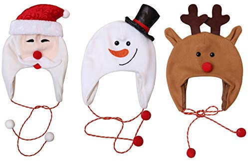 LAEMILIA 3 Pcs Weihnachtsmütze Set Schneemann Santa Rentier Velvet Beanie mit Kinnseil und Pompon für Erwachsene und Kinder Weihnachts Kostüme Zubehör Geschenk