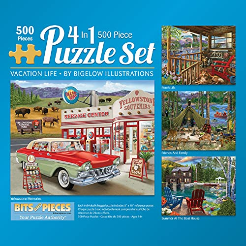 Bits and Pieces Multipack 4-in-1-Puzzle-Set, 500-teiliges Puzzle für Erwachsene, jedes Puzzle misst 46 cm x 61 cm, Landreisen, See, Hütte, Urlaub, Puzzles von Künstler Bigelow Illustrations