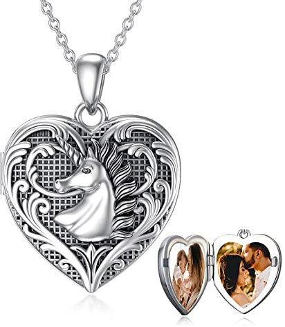 SOULMEET Herz geformt Einhorn Medaillon Halskette, die Bilder Foto Tier personalisierte Medaillon Halskette Sterling Silber hält