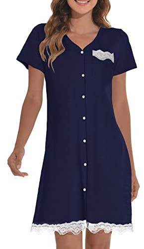 UMIPUBO Camicia da Notte Donna Estivo Manica Corta Cotone Pigiama Scollo a V Vestito da Notte con Bottoni Pizzo Comoda Casual Camici Notte Vestaglia Pigiami per Casa(Blu Navy, XL)