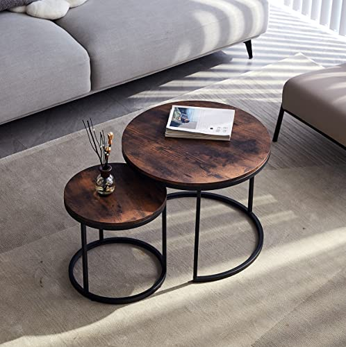 EGOONM Set de 2 Mesas de Centro Conjunto De Mesa Auxiliar De SalóN Redonda Madera Mesitas De Noche Mesas De Café Y Té-Retro, Grande: 60 * 60 * 45cm; pequeño: 40 * 40 * 35cm