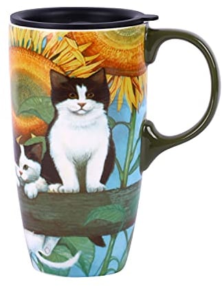 Topadorn Ceramic Coffee Cup 17oz Travel Mug Porcelain Latte Tea Cup with Lid, Microwave & Dishwasher Safe Coffee Tumbler, Cat