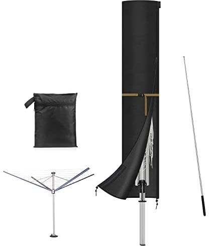 VANSHEIM Funda de Protección Tendedero de Jardín Funda para Tendedero de Exterior Cubierta Rotativa de Líneas de Lavado con Varilla Telescópica y Cremallera Funda Parasol Jardin Impermeable 170x32cm