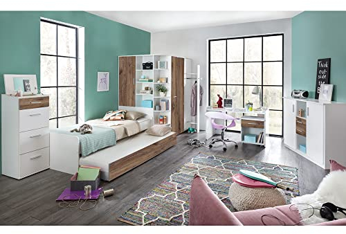 Lomadox Jugendzimmer komplett Set, Bett, Ausziehliege, Hochkommode, Kleiderschrank, Schreibtisch, Rollcontainer, Highboard, 8-teilig in weiß mit Eiche Nb.