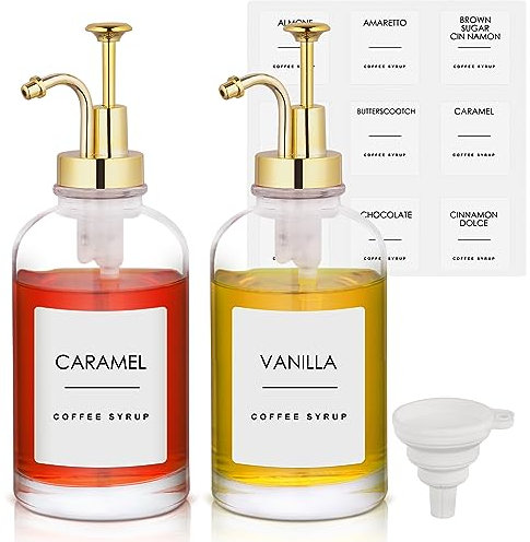 Coffee Syrup Dispenser Set of 2, Gold Pump, 36 Labels, Glass Bottles for Cinnamon, Vanilla, Caramel, 16.9 Oz 500 Ml, Coffee Bar Accessories