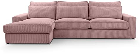 BETTSO -Ecksofa Großes L-Form Couch, Couchgarnitur, Eckcouch, Sofa,Ecksofa mit Kissen und Armlehnen aus Cordstoff-Valentino (Puder Rosa, Links)