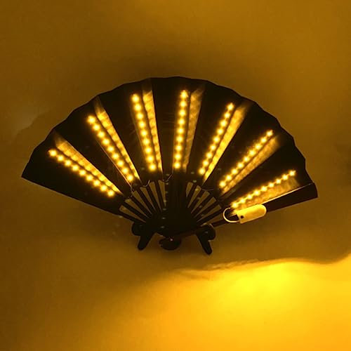 Folding Fan Led Fan Light Up Hand Fan LED Glowing Folding Fan Party Rave Fan Night Bar Club 6V (Black Fan, Yellow)