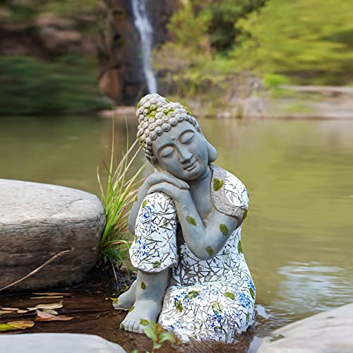 Pevfeciy Buddha Figur groß Garten Deko Figuren Zen Gartendeko Figuren, H-46 cm/3.6 kg, handgeschnitzt wetterfest Steinfiguren,Grau