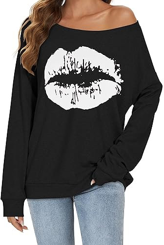 florynova Women’s Plus Size Sweatshirt Lips Print Off The Shoulder Tops Causal Loose Pullover Blouse(Black White, XL)
