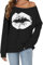 florynova Women’s Plus Size Sweatshirt Lips Print Off The Shoulder Tops Causal Loose Pullover Blouse(Black White, XL)