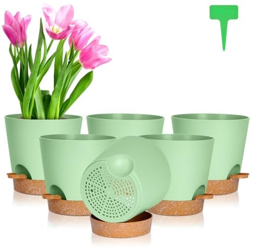 OFFCUP Maceteros Decorativos Interior con Agujeros de Drenaje, 6pcs Macetas de Riego Automático con Agujeros 20CM, Macetas Plástico con Plato, Macetas Plástico para Interior y Oficina(Verde)