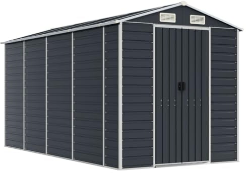 vidaXL Gerätehaus, Gartenhaus mit Schrägdach Griffe, Gartenschuppen Schuppen mit Stauraum, Geräteschuppen Metallschuppen, Anthrazit 191x385x198 cm Verzinkter Stahl