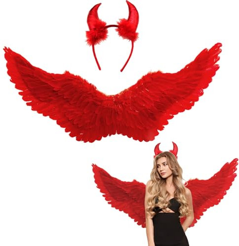 Winwild 75CM alas de ángel Rojo con Cuernos de Diablo Adultos alas de ángel Señoras Ángel Diablo Hadas Accesorios para Disfraces de Halloween Carnaval Cosplay Fiesta de Disfraces